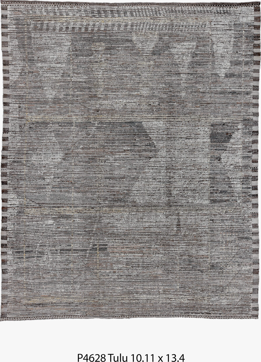 10' x 13' one-of-a-kind handmade vintage Tulu large size rug. Color palette: black, charcoal, dark gray, dim gray, gainsboro