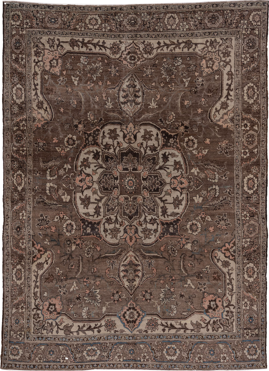 9' x 12' one-of-a-kind handmade vintage Heriz large size rug. Color palette: blue, brown, gray, light gray, off-white, pink