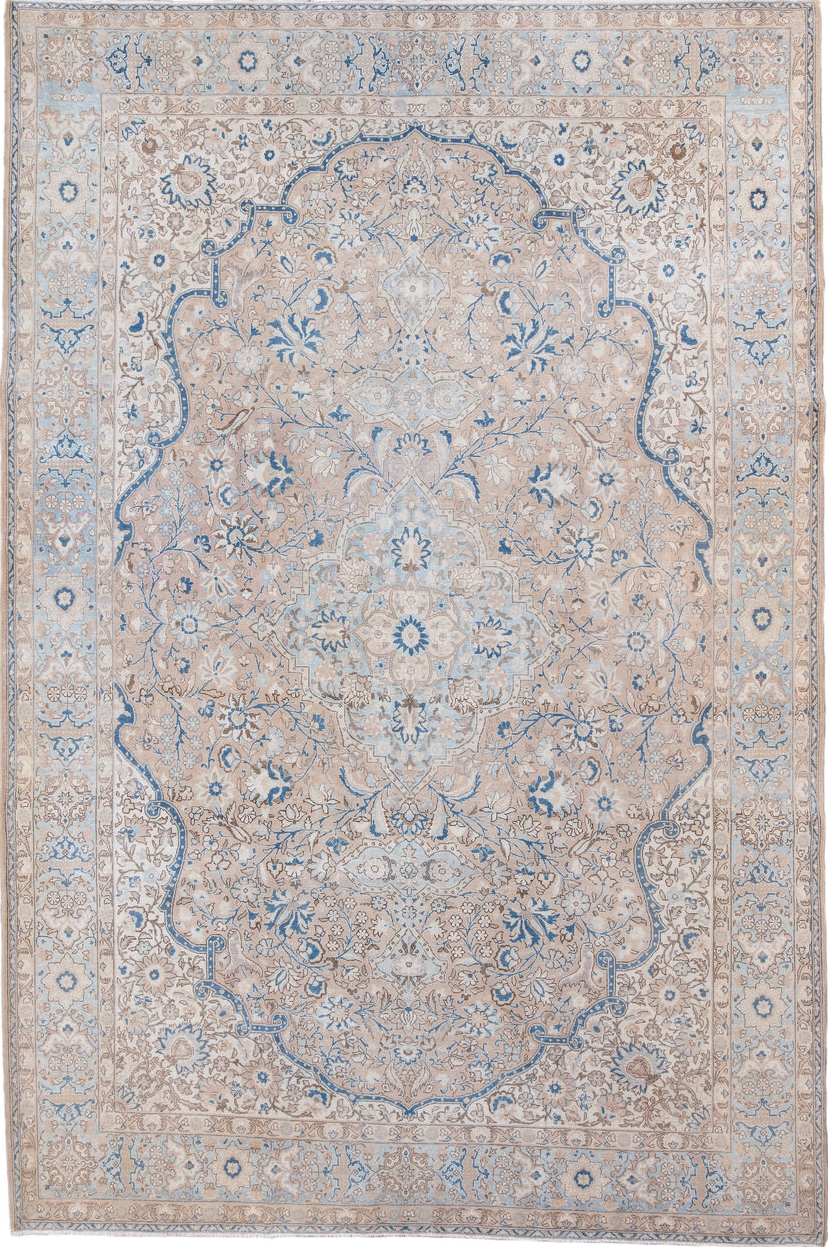 7' x 11' one-of-a-kind handmade vintage Kerman large size rug. Color palette: gray, blue, pink, light gray, off-white
