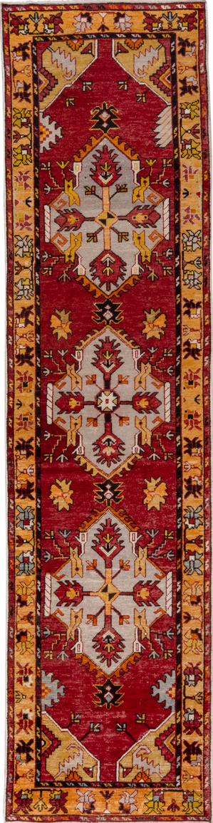 2' x 9' one-of-a-kind handmade vintage Oushak runner rug. Color palette: brown, chocolate, dark goldenrod, gray, pink, red
