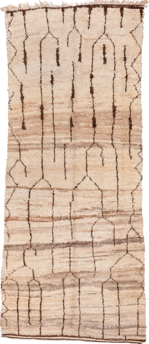 4' x 10' one-of-a-kind handmade vintage Moroccan runner rug. Color palette: antiquewhite, brown, light gray, off-white