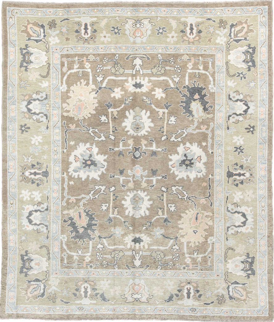 8' x 9' one-of-a-kind handmade vintage Oushak rug. Color palette: antiquewhite, dim gray, gray, light gray, linen, off-white