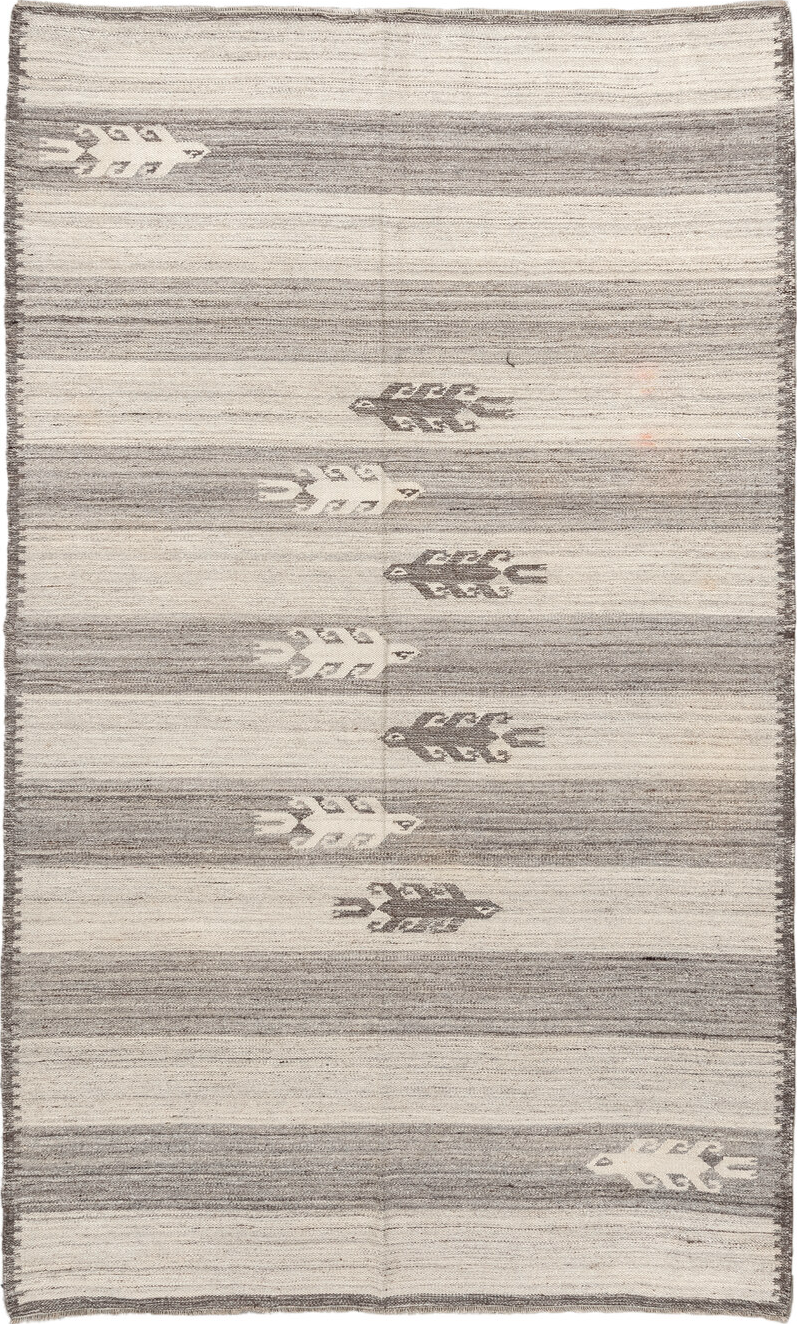 5' x 8' one-of-a-kind handmade vintage Kilim medium size rug. Color palette: pink, off-white, gray, light gray, linen