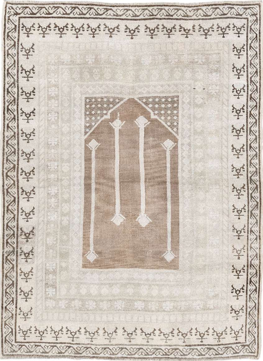 3' x 5' one-of-a-kind handmade vintage Anatol small size rug. Color palette: gray, off-white, light gray, pink, linen