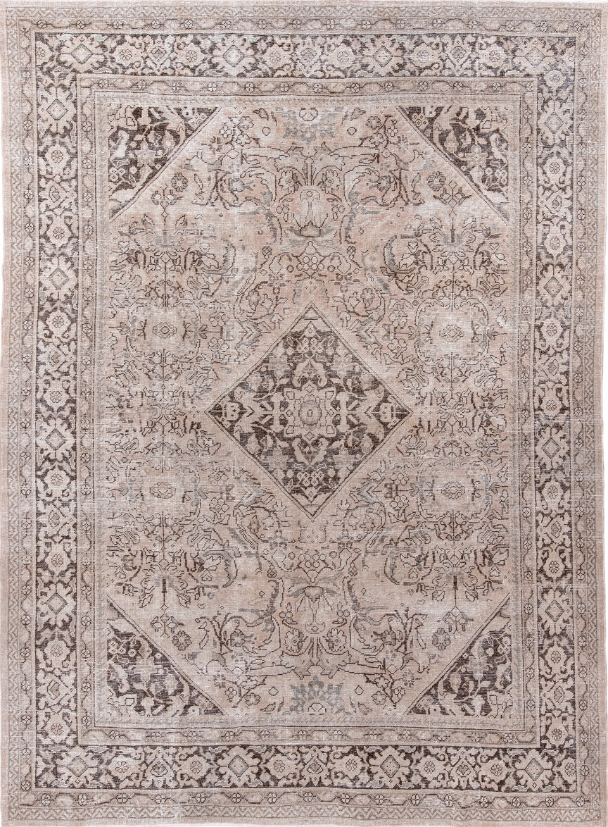 8' x 12' one-of-a-kind handmade vintage Mahal large size rug. Color palette: brown, gray, light gray, off-white, pink