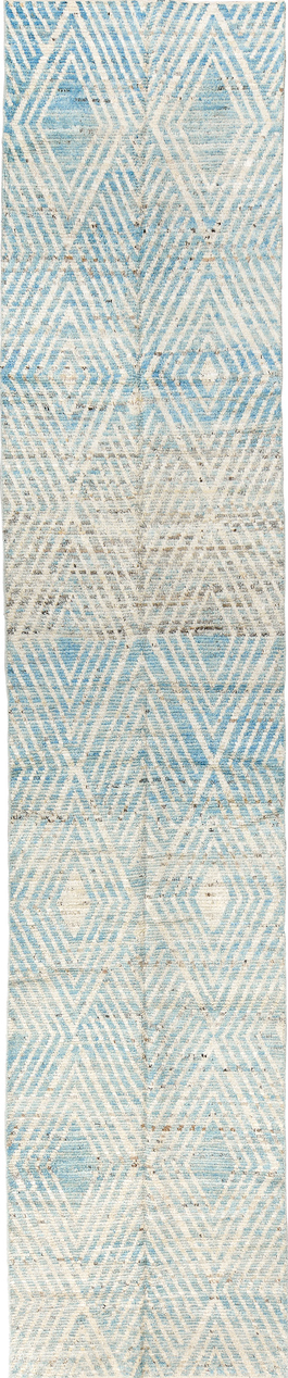 3' x 16' one-of-a-kind handmade vintage Tulu runner rug. Color palette: blue, dark gray, gray, light blue, light gray