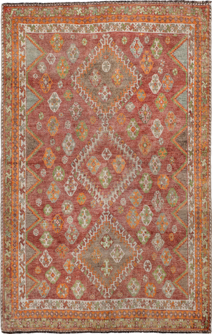 4' x 7' one-of-a-kind handmade vintage Gabbe rug. Color palette: brown, gray, light gray, off-white, orange, pink