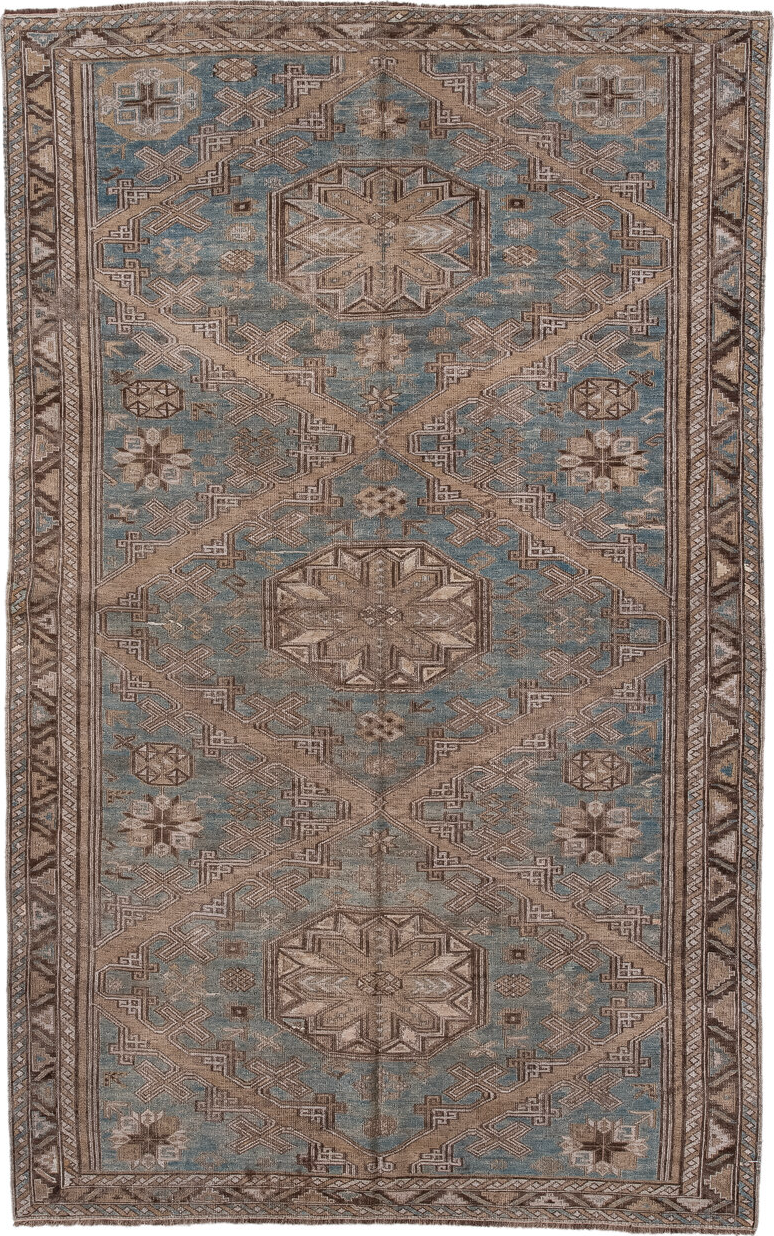 4' x 7' one-of-a-kind handmade vintage Sumak rug. Color palette: blue, brown, dim gray, gray, light gray, off-white, pink