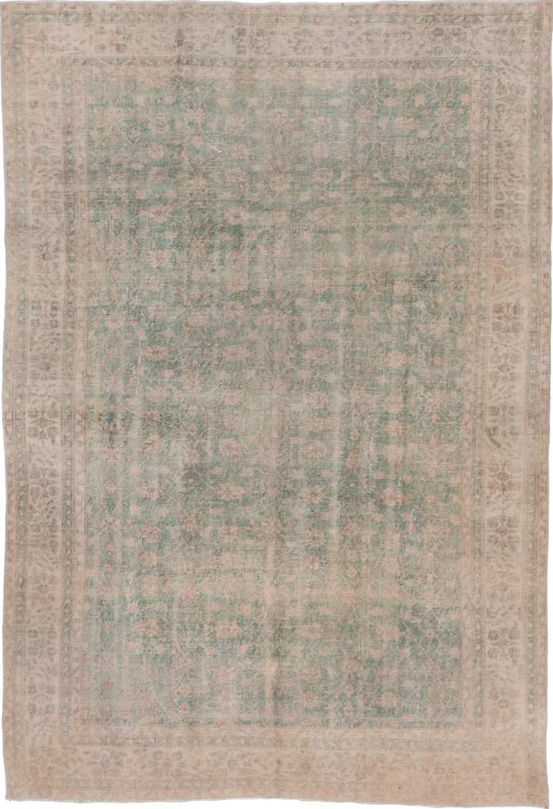 6' x 10' one-of-a-kind handmade vintage Oushak large size rug. Color palette: brown, gray, light gray, off-white, pink, snow