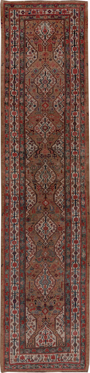 3' x 13' one-of-a-kind handmade vintage Cam Hamadan runner rug. Color palette: black, brown, charcoal, gray, pink, red