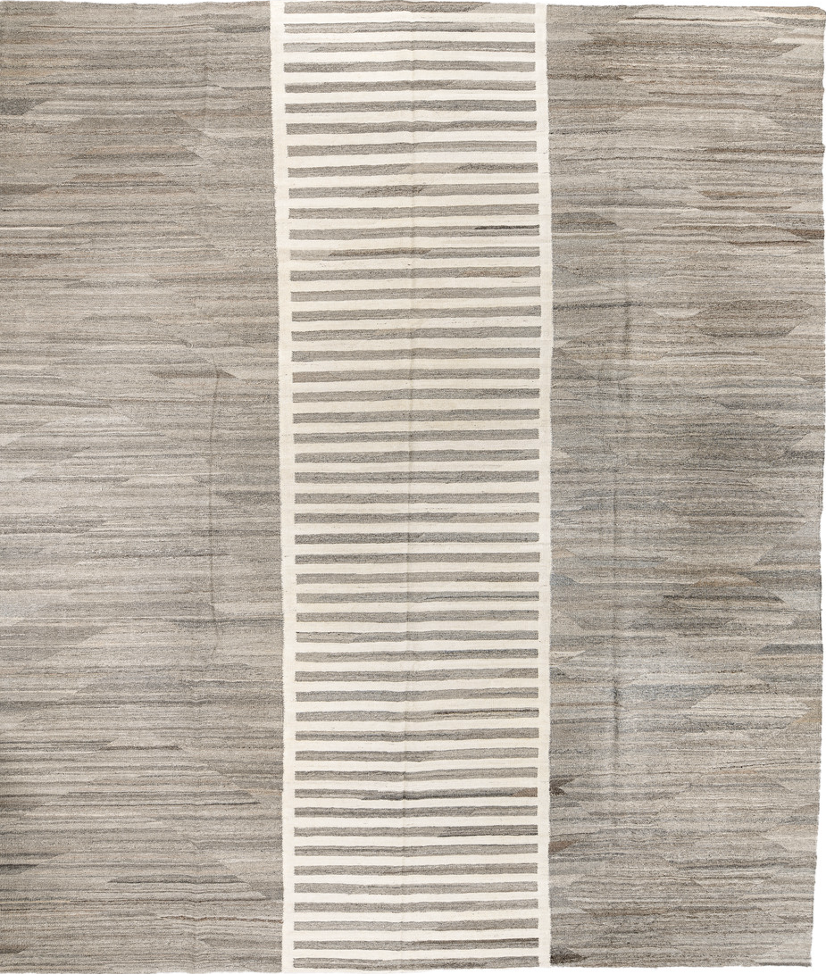 13' x 15' one-of-a-kind handmade vintage Kilim oversize rug. Color palette: dark gray, gray, light gray, off-white, silver