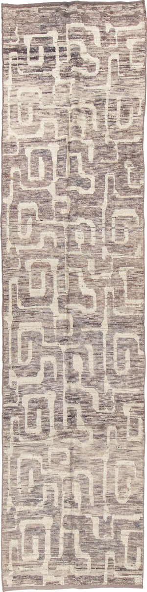 3' x 13' one-of-a-kind handmade vintage Tulu runner rug. Color palette: black, brown, dark gray, gainsboro, gray, light gray