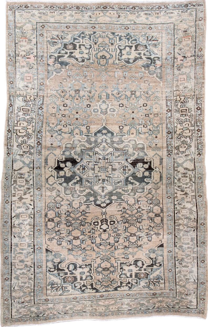 4' x 6' one-of-a-kind handmade vintage Bidjar small size rug. Color palette: black, dim gray, gray, light gray, linen