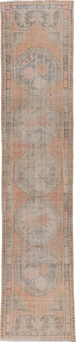 2' x 11' one-of-a-kind handmade vintage Oushak runner rug. Color palette: brown, gray, light gray, off-white, pink, silver