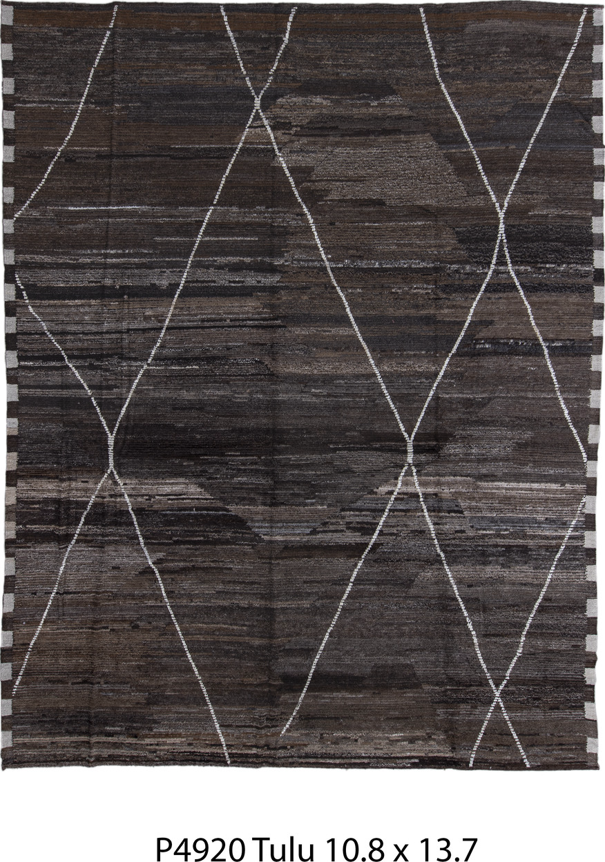 10' x 13' one-of-a-kind handmade vintage Tulu large size rug. Color palette: black, blue, charcoal, dark gray, dim gray