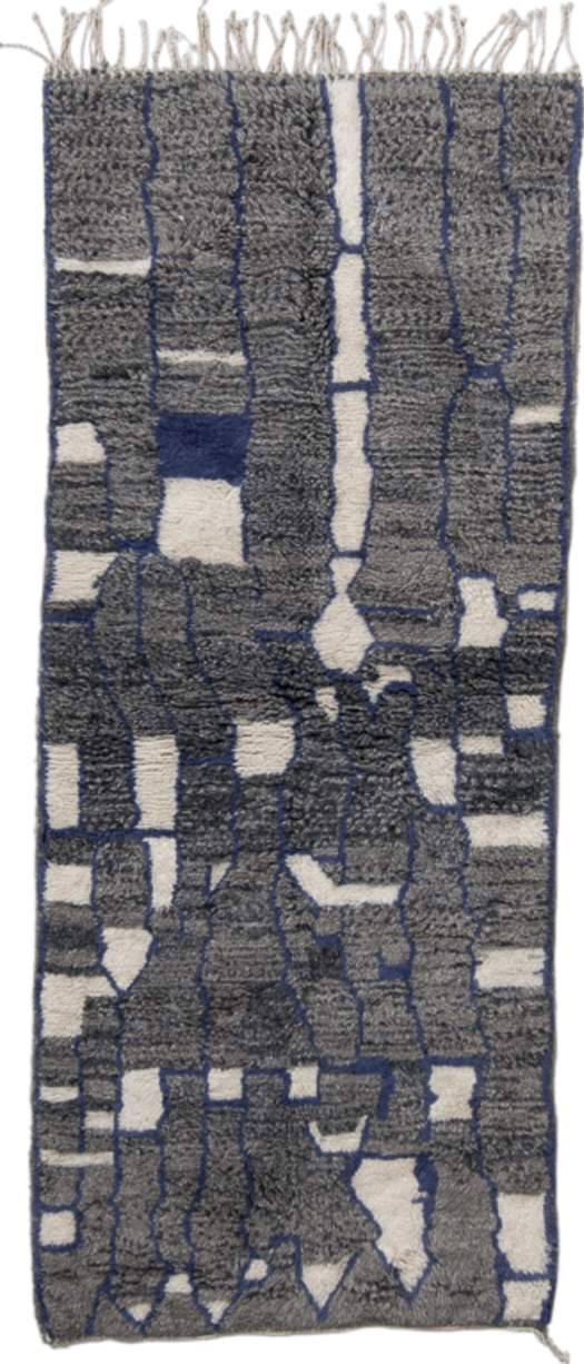 2' x 7' one-of-a-kind handmade vintage Moroccan runner rug. Color palette: gray, blue, light gray, black, off-white