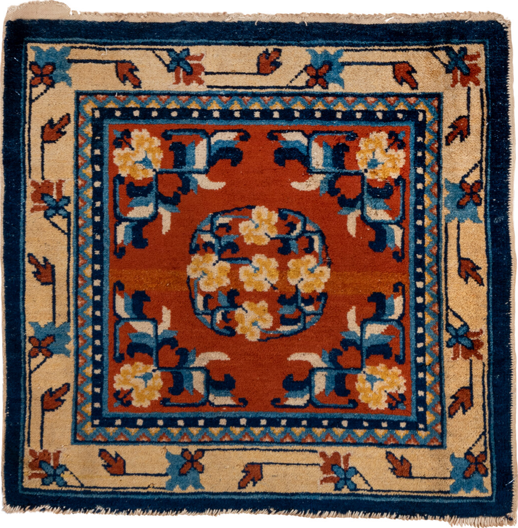 2' x 2' one-of-a-kind handmade vintage Chinese small size rug. Color palette: arapawa, black, blue, brown, gray, linen
