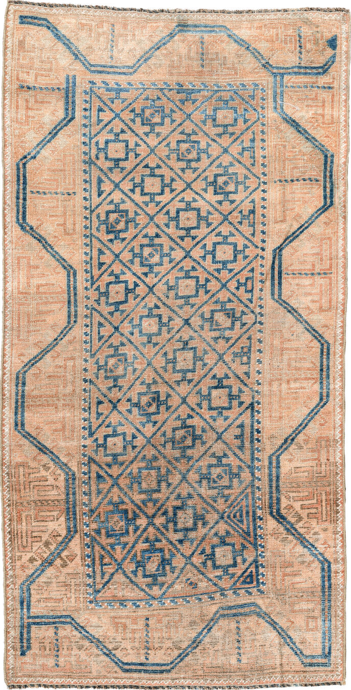 2' x 4' one-of-a-kind handmade vintage Belouch small size rug. Color palette: gray, black, blue, brown, off-white, orange