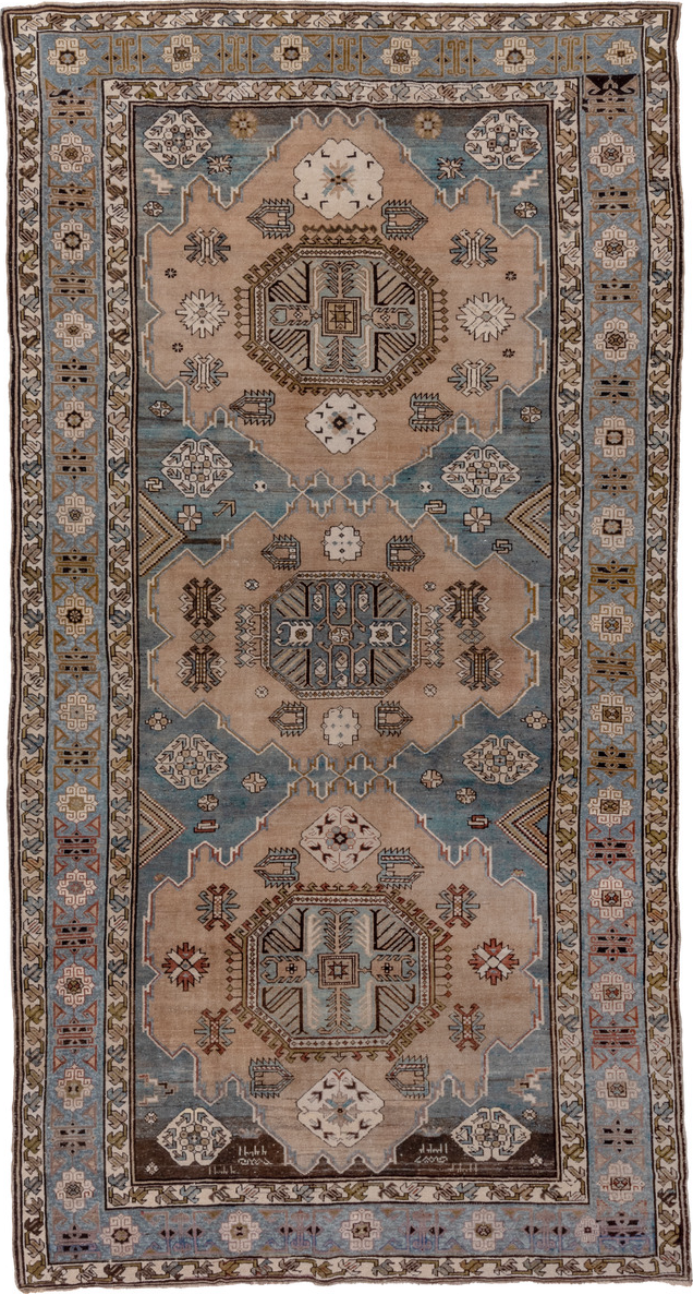 6' x 12' one-of-a-kind handmade vintage Caucasian large size rug. Color palette: black, blue, brown, dim gray, gray