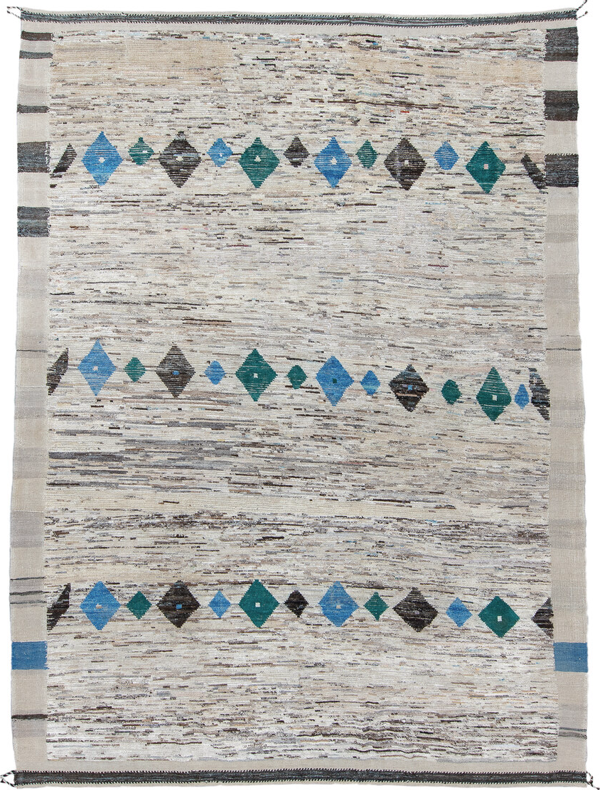 9' x 11' one-of-a-kind handmade vintage Tulu large size rug. Color palette: black, blue, charcoal, dim gray, gainsboro, gray