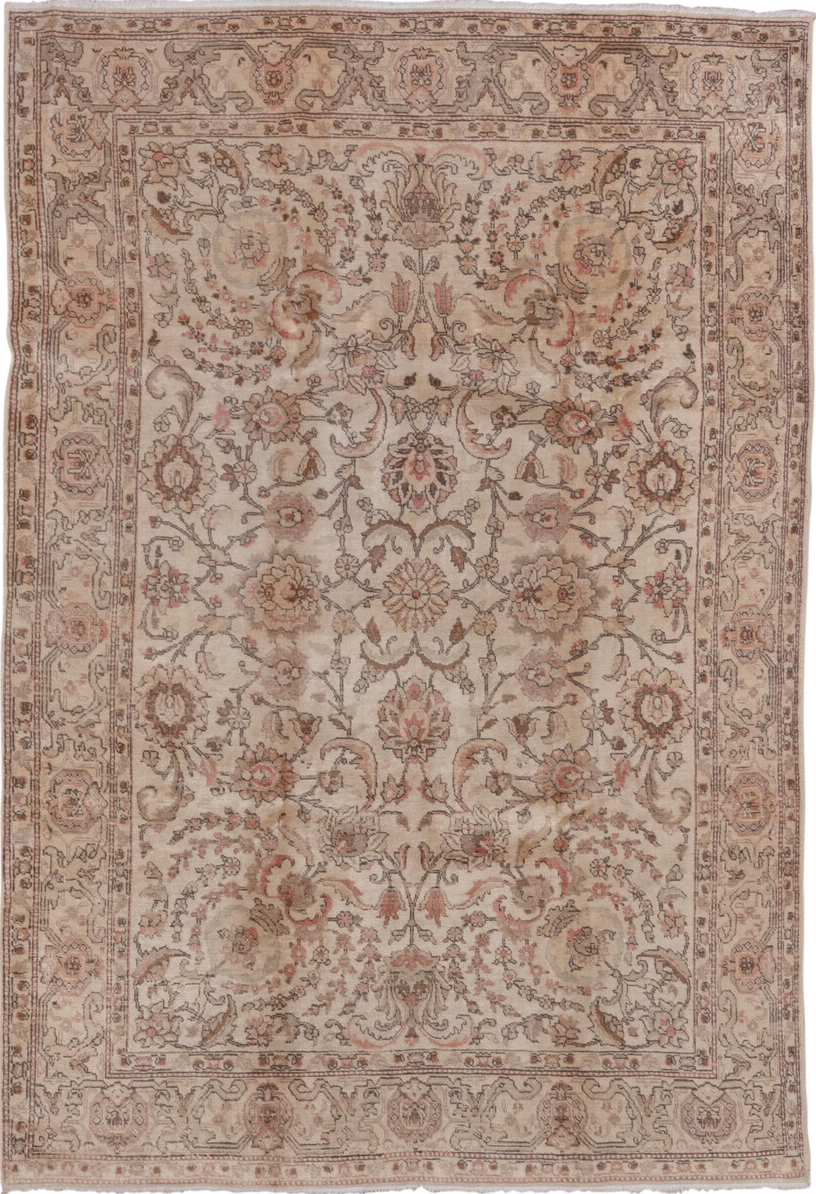 6' x 8' one-of-a-kind handmade vintage Tabriz medium size rug. Color palette: brown, gray, light gray, pink
