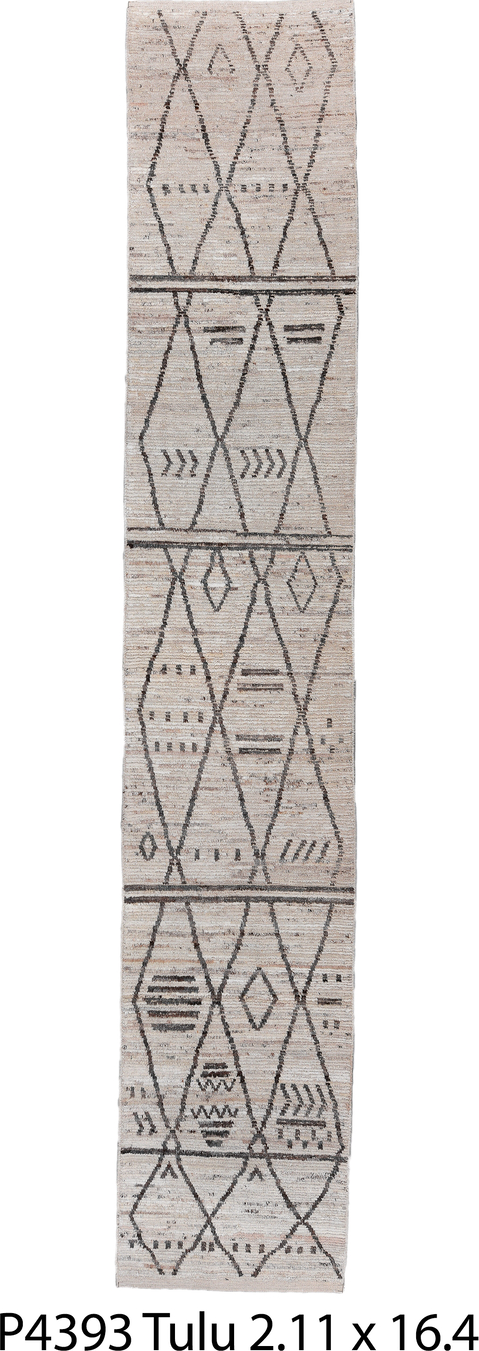 2' x 16' one-of-a-kind handmade vintage Tulu runner rug. Color palette: black, charcoal, dim gray, gainsboro, gray