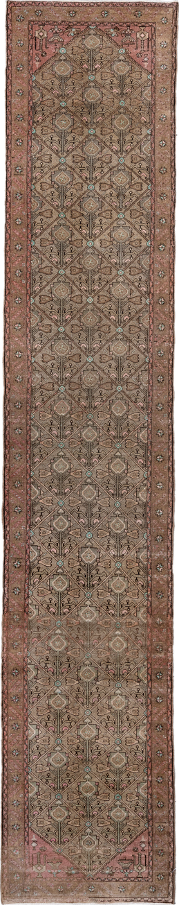 3' x 15' one-of-a-kind handmade vintage Malayer runner rug. Color palette: brown, pink, gray, off-white, white, snow