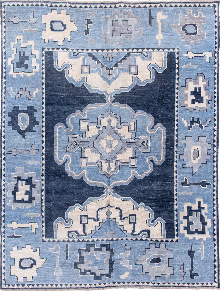8' x 11' one-of-a-kind handmade vintage Oushak large size rug. Color palette: blue, fiord, gainsboro, gray, light blue