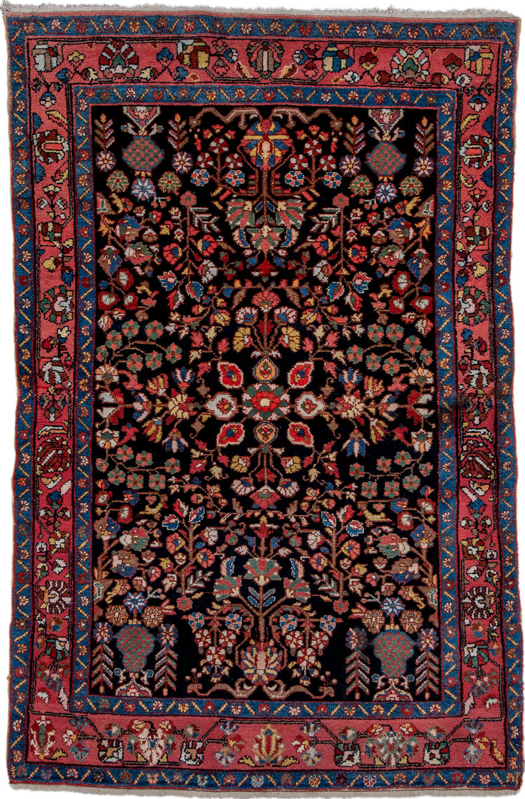 4' x 6' one-of-a-kind handmade vintage Hamadan small size rug. Color palette: blue, brown, burlywood, dark gray, dim gray