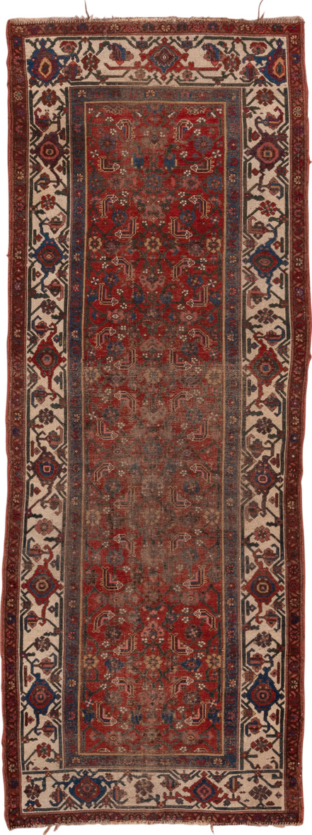 3' x 9' one-of-a-kind handmade vintage Malayer runner rug. Color palette: brown, gray, pink, red, redwood