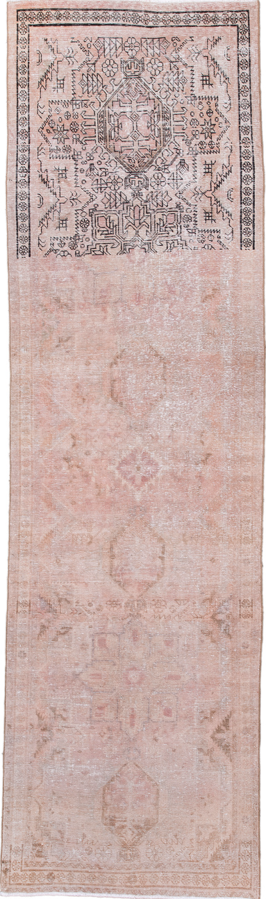 3' x 10' one-of-a-kind handmade vintage Sarab runner rug. Color palette: dark gray, dim gray, gray, light gray, off-white