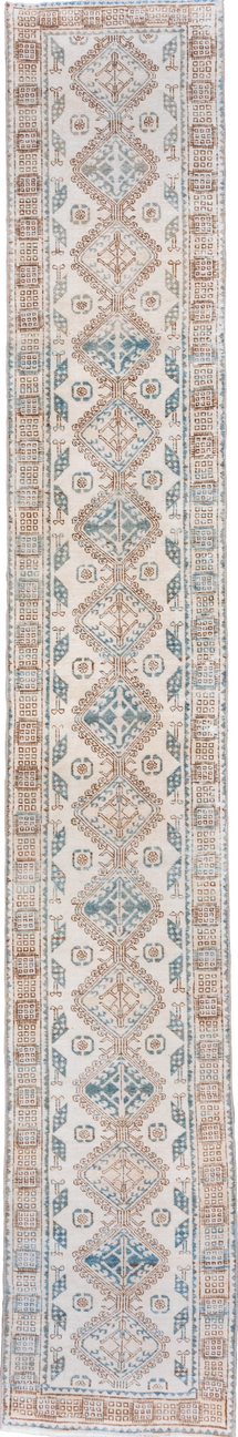 2' x 14' one-of-a-kind handmade vintage Sarab runner rug. Color palette: brown, dark gray, dim gray, gainsboro, gray