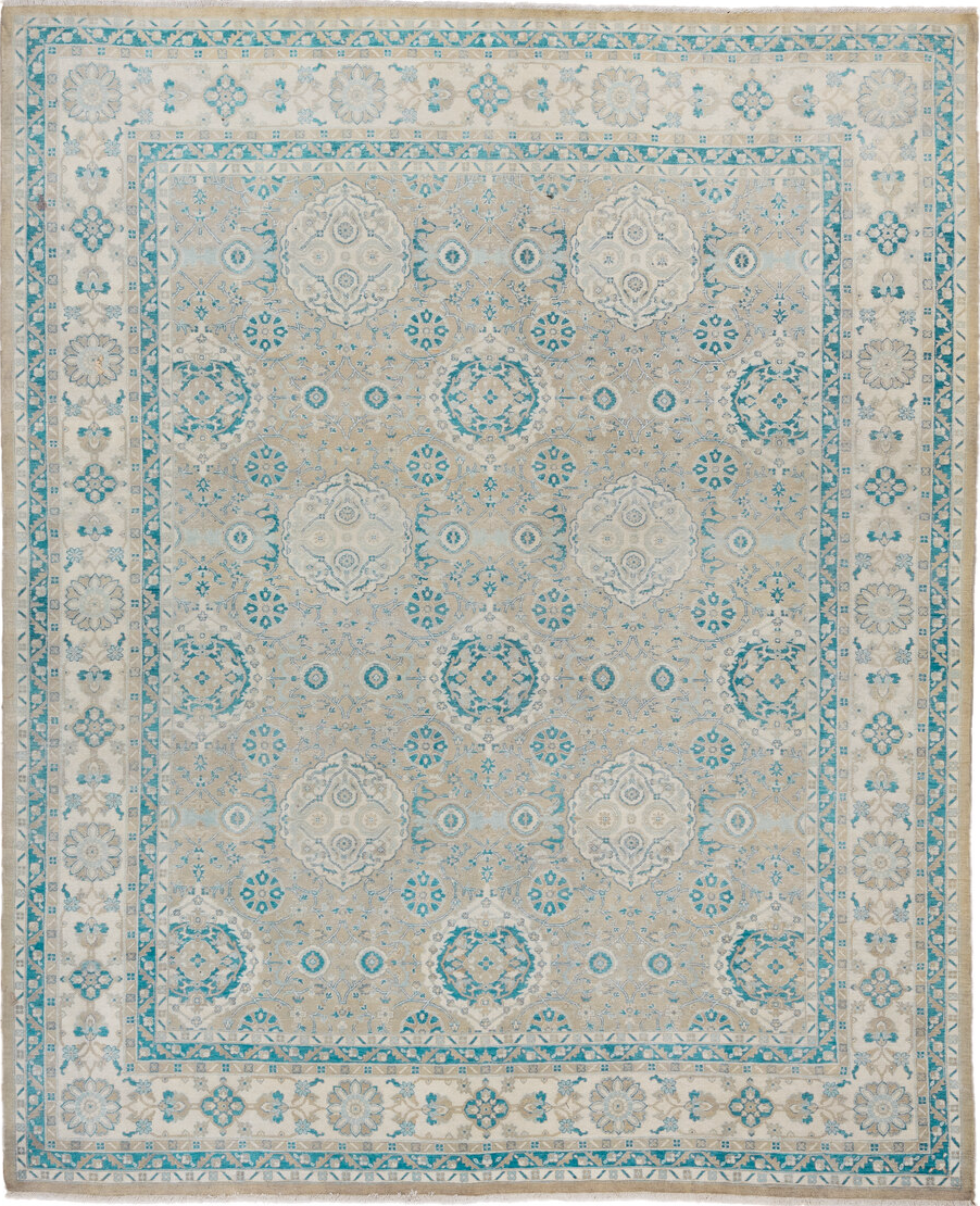 8' x 9' one-of-a-kind handmade vintage Sivas rug. Color palette: blue, dark gray, dim gray, gray, green, light blue