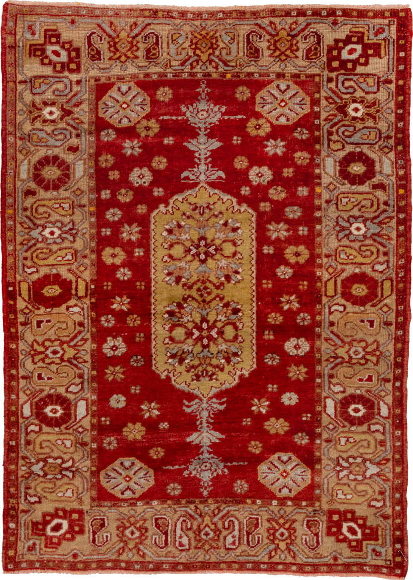 3' x 5' one-of-a-kind handmade vintage Oushak small size rug. Color palette: brown, dark red, fire brick, maroon, pink, red