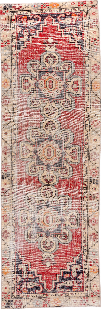 2' x 8' one-of-a-kind handmade vintage Oushak runner rug. Color palette: black, brown, fire brick, gray, light gray