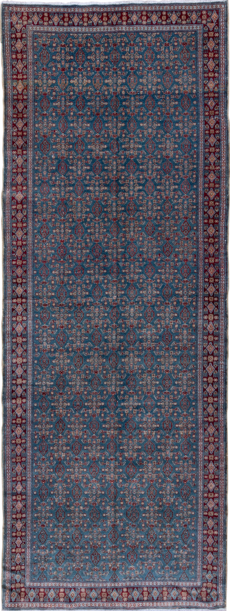 3' x 9' one-of-a-kind handmade vintage Senne runner rug. Color palette: arapawa, blue, brown, dark gray, fiord, gray, pink
