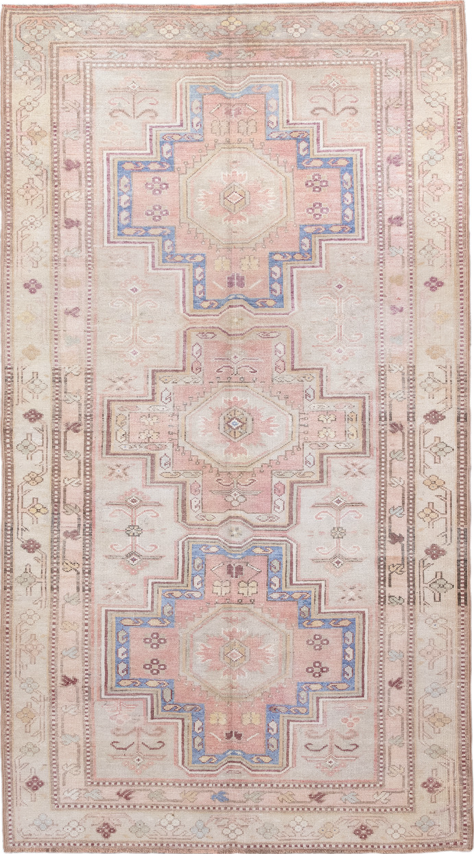 4' x 8' one-of-a-kind handmade vintage Caucasian rug. Color palette: antiquewhite, dark gray, gray, light gray, linen