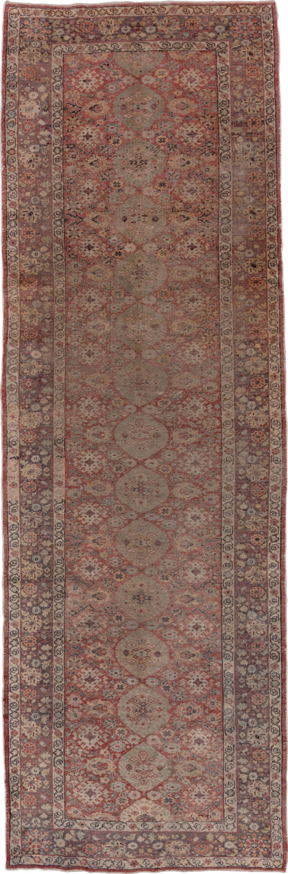 4' x 12' one-of-a-kind handmade vintage Oushak runner rug. Color palette: brown, gray, light gray, off-white, pink, red