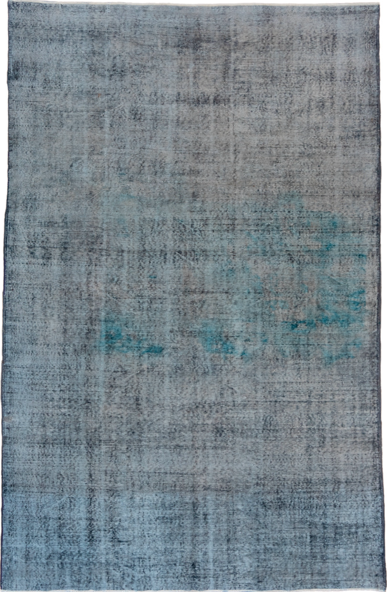 7' x 10' one-of-a-kind handmade vintage Overdyed large size rug. Color palette: blue, dark gray, dim gray, gray, light blue