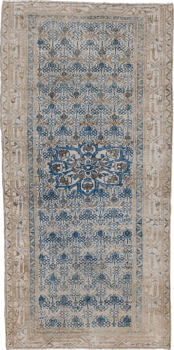 3' x 6' one-of-a-kind handmade vintage Malayer runner rug. Color palette: black, blue, brown, charcoal, dark gray, fiord