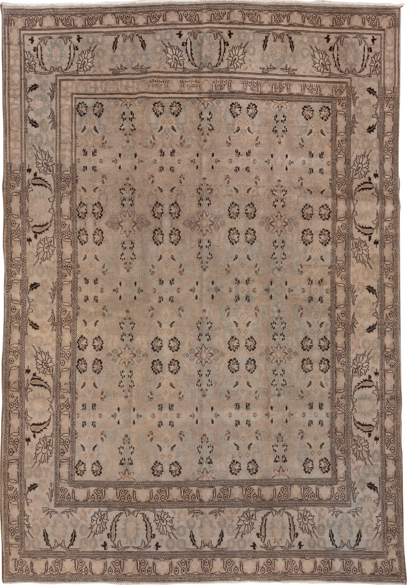 6' x 9' one-of-a-kind handmade vintage Khorassan medium size rug. Color palette: brown, gray, pink