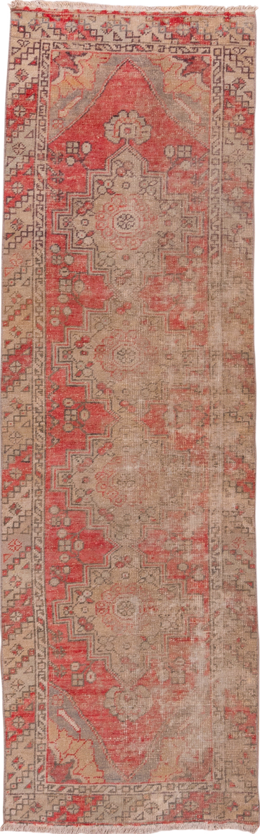 2' x 9' one-of-a-kind handmade vintage Oushak runner rug. Color palette: brown, off-white, pink, red, snow, white