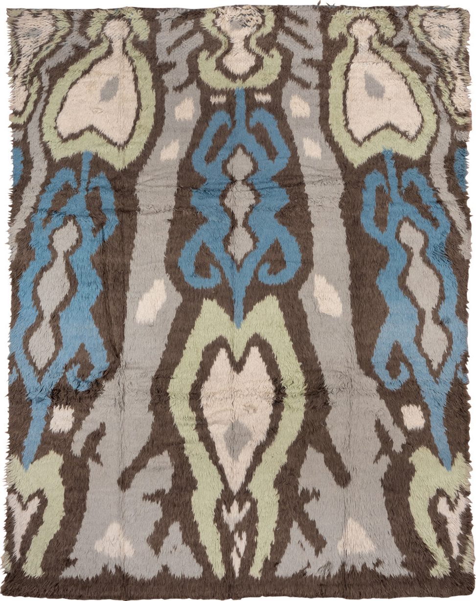 10' x 12' one-of-a-kind handmade vintage Tulu large size rug. Color palette: blue, brown, dim gray, gray, light gray