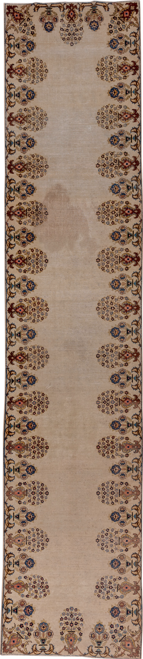 2' x 13' one-of-a-kind handmade vintage Tabriz runner rug. Color palette: black, brown, dim gray, gray