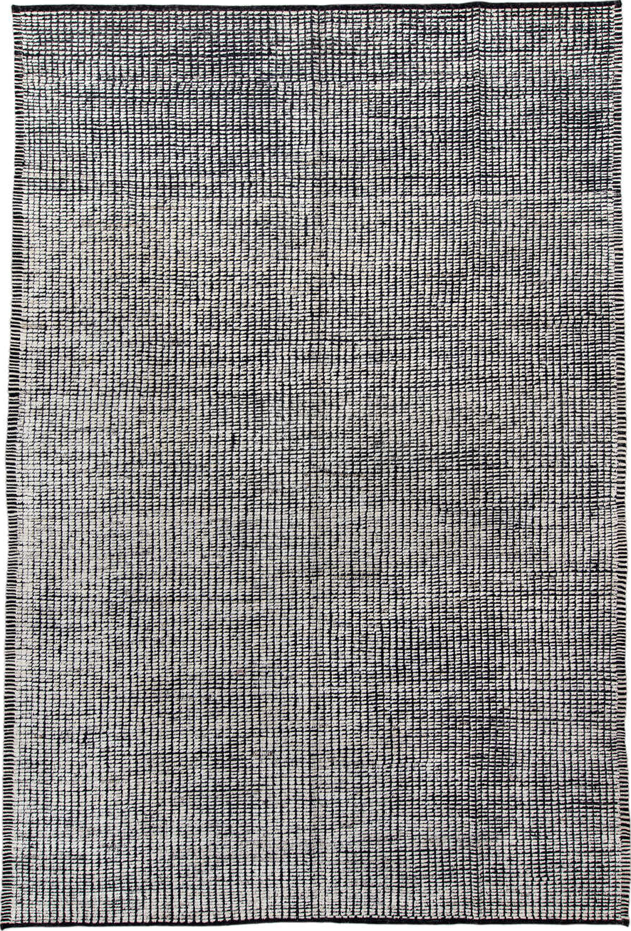 9' x 13' one-of-a-kind handmade vintage Tulu large size rug. Color palette: black, blue, charcoal, dark gray, dim gray