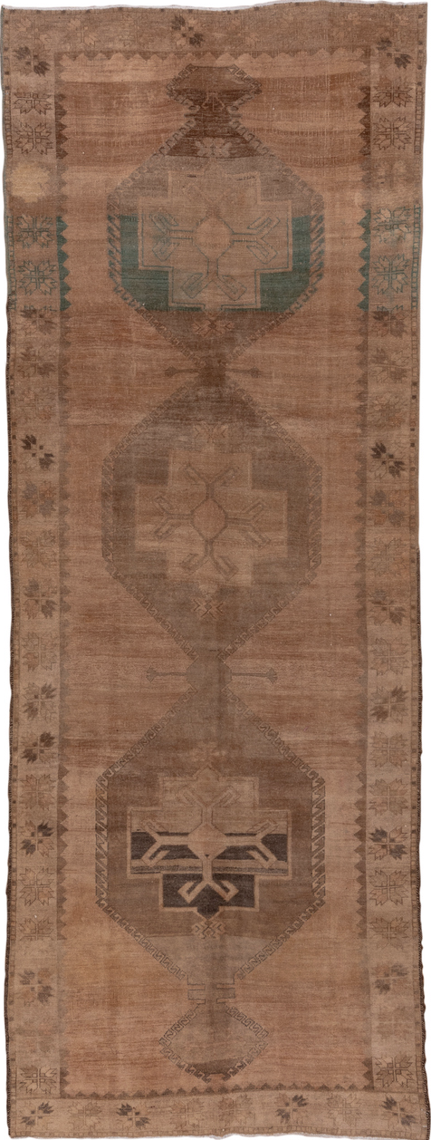 4' x 12' one-of-a-kind handmade vintage Oushak runner rug. Color palette: brown, gray, light gray, off-white, pink, snow