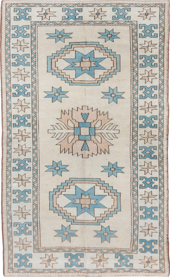 4' x 7' one-of-a-kind handmade vintage Oushak rug. Color palette: blue, dark gray, dim gray, gainsboro, gray, light gray
