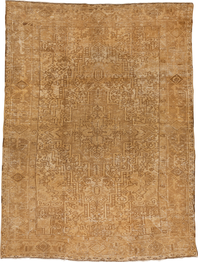 7' x 9' one-of-a-kind handmade vintage Heriz rug. Color palette: brown, burlywood, off-white, orange, tan