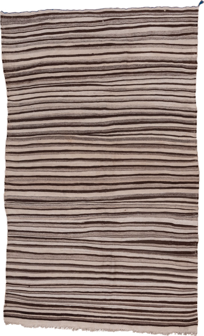 4' x 6' one-of-a-kind handmade vintage Blanket small size rug. Color palette: brown, gray, light gray, off-white, pink