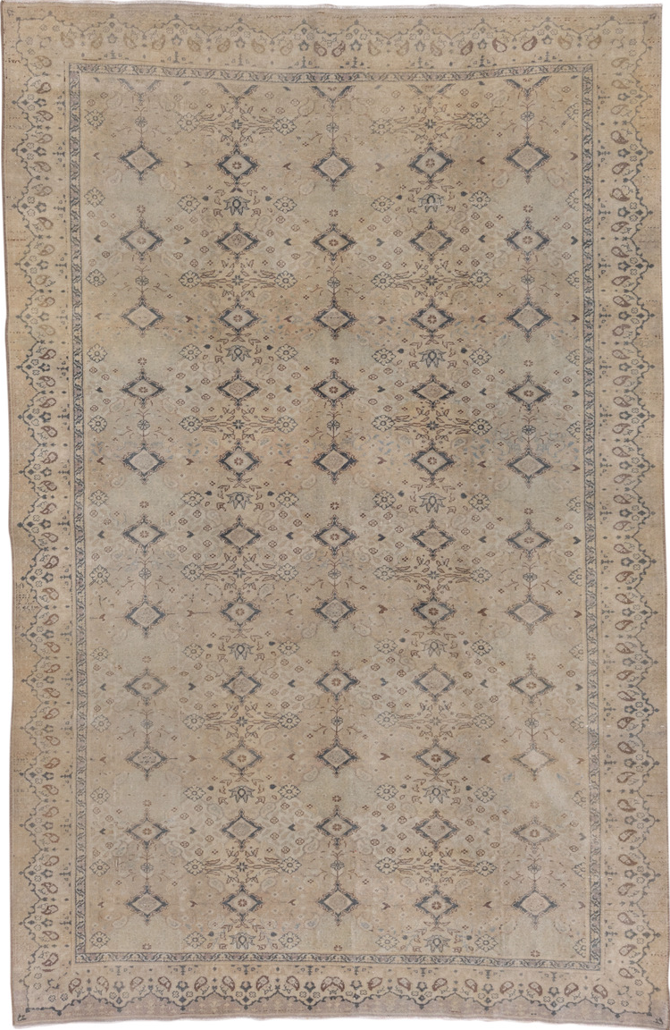 6' x 9' one-of-a-kind handmade vintage Kaisary medium size rug. Color palette: brown, dim gray, gray, light gray, pink